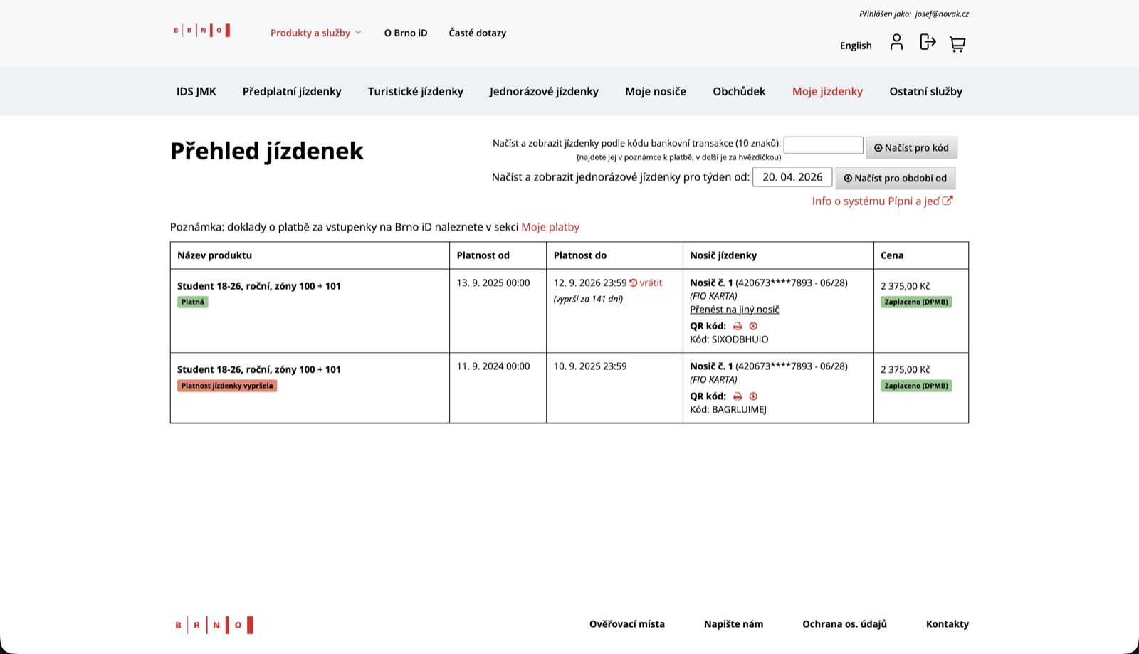 Náhled stránky brnoid.cz Moje jízdenky s vyznačenou ikonou stažení PDF